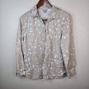 J.Jill Bird Print 100% Linen Long Sleeve Button Front Shirt - Small